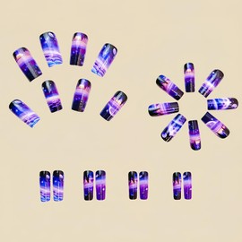 Press On Nails Coffin Fake Nails Stick On Nails Purple Planet Glue On Nails Glossy Shiny Artificial Nails Full Cover Acrylic Nail Kit For Women Girl 24pcs