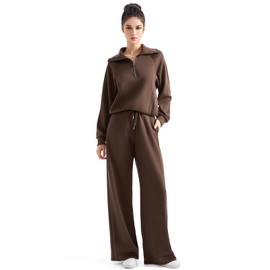 SUUKSESS Women 2 Piece Lounge Matching Sets Wide Leg Sweatpants Half Zip Oversized Sweatshirts (Petite-Dark Brown, M)