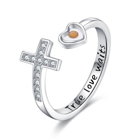 Cross Purity Rings for Women Sterling Silver Adjustable True Love Waits Faith Rings Celibacy Ring for Women
