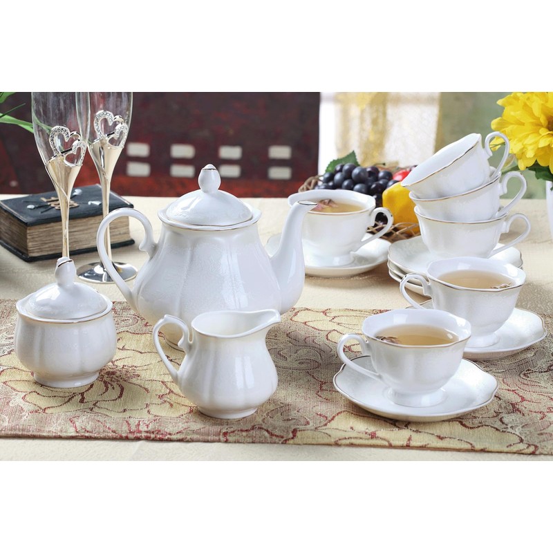 GuangYang 15-pcs Porcelain Tea sets for Adults, Off White Embossed
