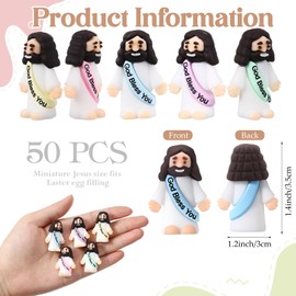 Bememo 50 Pcs Little Jesus Figurines God Bless You Small Rubber Jesus Toys Doll Easter Egg Stuffer Religious Prefilled Craft for Baptism Sunday School(Macaron Color)