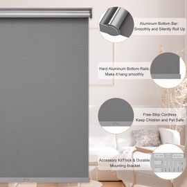 MYshade Blackout Roller Shades for Windows, Cordless Roller Window Shades, Roll Up Window Blinds with Thermal Insulated, UV Protection, Easy to Install for Home and Office, 24" W X 72" H(Grey)