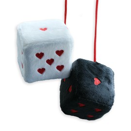 Heart Shaped Vintage Embroidered Fuzzy Plush Dice, Pair 3” Heart Shaped Hanging Dice Ornaments, New Car Decorative Vintage Accessories for Car Interior Rearview Mirror(Black and White Color)