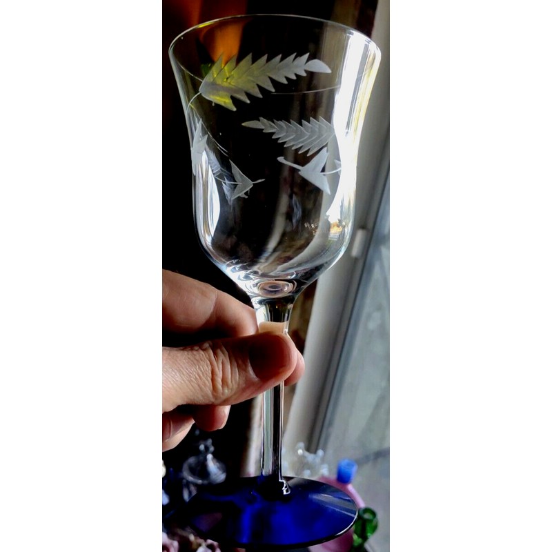 Weston GOBLET COBALT BLUE Foot CLEAR Glass Flower Cut 7-3/8”