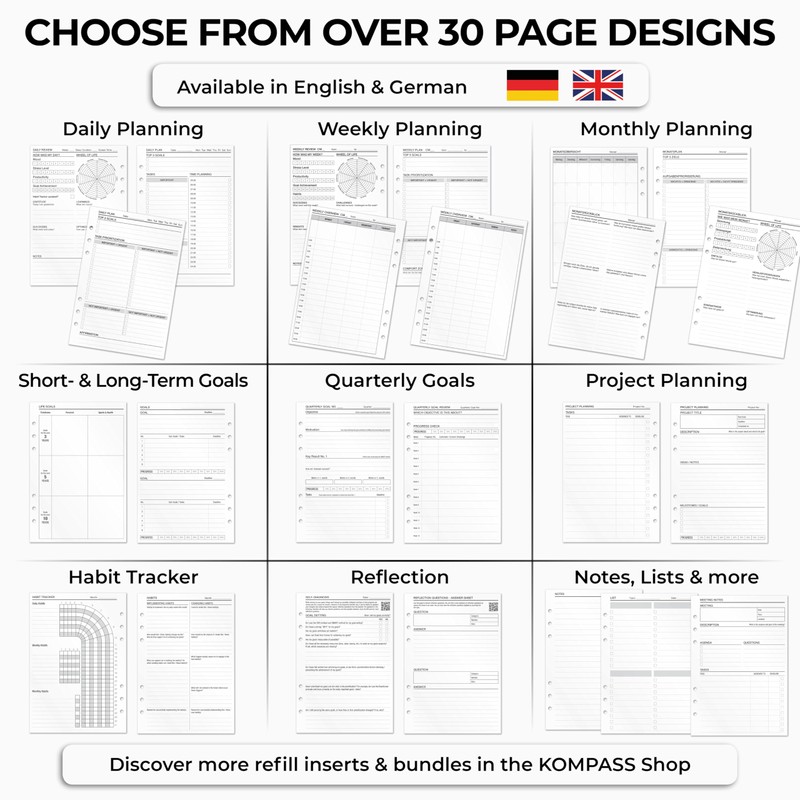 KOMPASS® Notebook Inserts for Ring Binder Planner | A5 (14.5