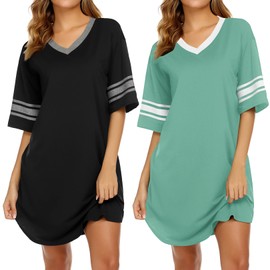Ekouaer Nightgowns for Women 2 Pack Sleepshirts Short Sleeve Nightshirt V Neck Sleepwear Casual Pajama Dress,Black/Grey Green,S
