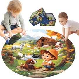 Dremtoy Floor Puzzle for Kids Ages - 70 Piece Large Farm Themed Round Floor Puzzle for Kids Ages 3 4 5 6 7 8 - Toddler Preschool Farm Educational Toy Gift