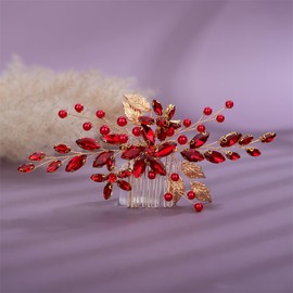 Aimimier Bridal Red Crystal Hair Comb Red Beads Leaf Hair Side Comb Flower Rhinestone Marquise Hair Piece Wedding Hair Accessories for Women and Girls (Red)