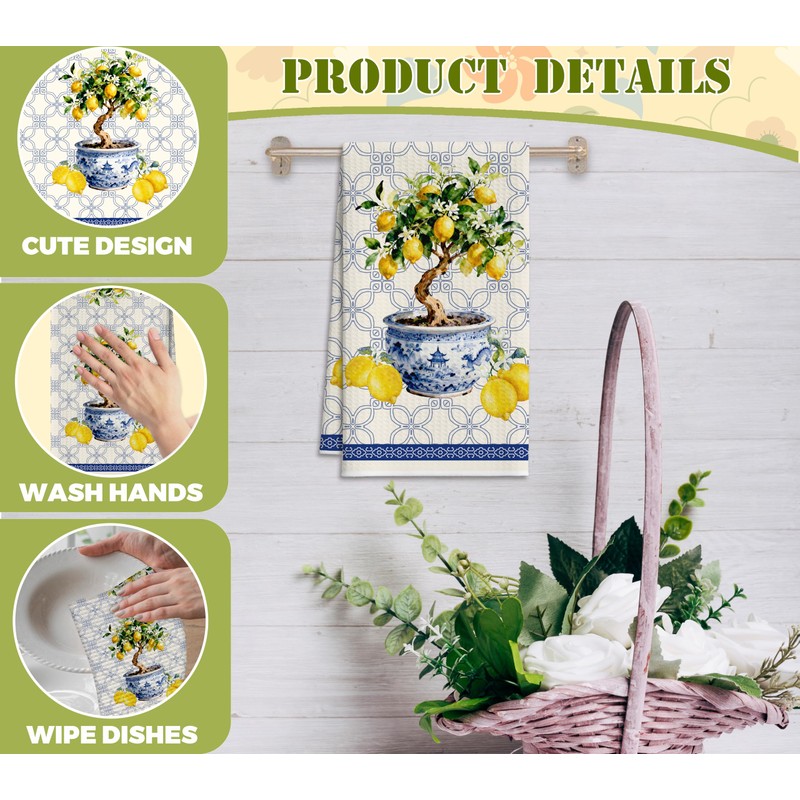 LSJEHTQ Chinoiserie Lemons Tree Kitchen Towels, Blue and White Porcelain