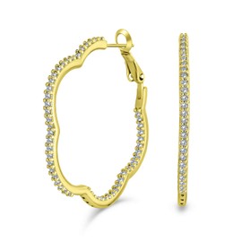 Blume Geformt Pave Cz Kubischer Zirkon Große Klee Hoop Ohrringe Hoop Ohrringe Für Frauen 14K Gelbgold Vergoldet Messing 1,5 Zoll Durchmesser