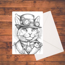 Steampunk Cats Coloring Card Kit, 5" x 7" Greeting Card Stationary Set, Easy Adult Coloring A7 Cards with Mailing Envelopes, Greeting Cards, DIY Paper Crafting Kit