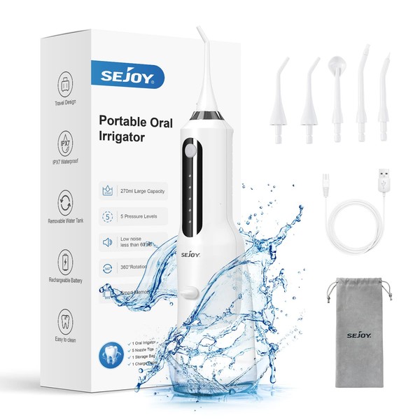 Sejoy Wireless Electric Oral Irrigator, Water Flosser Dental Irrigator, IPX7 Waterproof, 270 ml, Portable Oral Irrigator, USB Charging, Tooth Cleaner, Travel Oral Irrigator for Home, Office, with 5