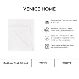 Venice Home 100% Cotton Flat Top Sheet Only - T-Shirt Fabric Jersey Knit - Extra Soft - Wrinkle Free - Machine Washable - Easy Fit - Breathable - Comfy (White, Twin)
