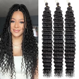 RuiFei Curly Braiding Hair Ocean Wave Crochet 30% Human Hair Mixed for Black Women Long Deep Wave Wet and Wavy Braiding Hair For Boho Braids 1B#, 30 Inch Pack of 3