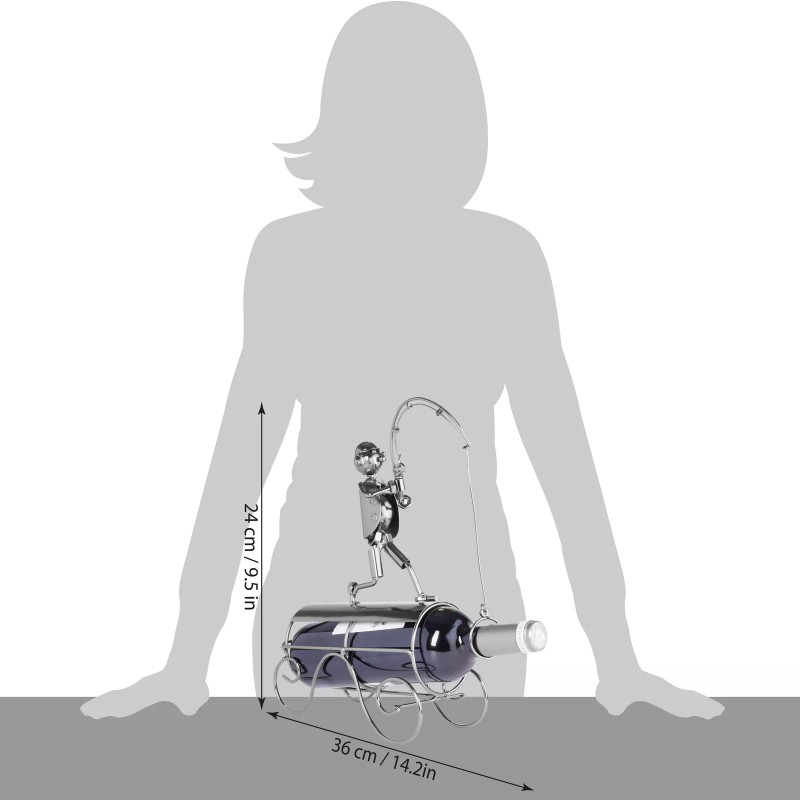 BRUBAKER Wine Bottle Holder 'Fisherman Catching Fish' - Metal Sculpture