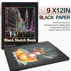 100 Sheets Black Paper Sketchbook(2 Pack), 108 lb/160gsm Heavyweight Black Sketch Pad 9×12in, Acid-Free Drawing Paper, Spiral Bound Sketch Book for Kids, Teens, Artist, Stocking Stuffers