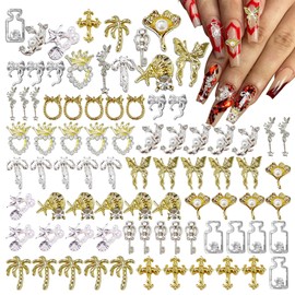 70PCS Silver Nail Charms,Y2K Nail Art Rhinestone Charms 3D Heart Bow Star with Rhinestones,Charms for Nails Design,Accessories Supplies (Silver Gold 2)