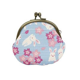 Japanese Biyori 2.5 Round Coin Purse, Rabbit Fairy Cherry Blossoms, Light Blue, Made in Japan