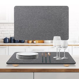 Large Dish Drying Stone Mat for Kitchen Counter,16" x 12" Quick Dry Diatomite Stone Mat with Wooden Feet, Non-slip Rapid Water Absorption Diatomaceous Earth Dish Drying Mat