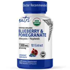 Nutri Organic Blueberry Pomegranate Supplement 1300mg - with 800mg 10:1 Extract & 500mg 10:1 Pomegranate Extract - USDA Certified Organic - 60 Count Capsules - High in Anthocyanins and Polyphenols