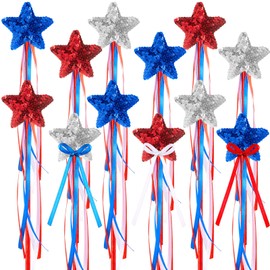 PullCrease 12 Pcs 4th of July Fairy Wand Independence Day Party Supplies for Kids Glitter Red Star White Blue Fairy Ribbon Streamer Wands Sparkly Sticks Patriotic Decor for Girls Americana Party