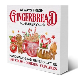 Gingerbread Bakery Decorations Christmas Baking Wooden Box Sign for Winter Xmas Holiday Bakery Home Kitchen Shelf Decor 5 X 5 Inches
