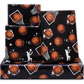 Basketball Wrapping Paper for Boys Girls Kids,6 Sheets Sports Basketball Theme Design Blcak Birthday Christmas Paper Folded Flat 20x28 inches per Sheet for Birthday Party Baby Shower