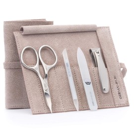 GERMANIKURE 4pc Mini Professional Manicure Set in Beige Suede Case - FINOX Stainless Steel Tools Made in Solingen Germany, Glass Nail Care Supplies Made in Czech Republic