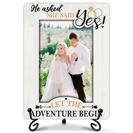 Engagement Gifts Picture Frame, He Asked She Said Yes Photo Frame, Wedding Engagement Gifts for Couples Newly Engaged, Desk Tabletop Decor for 4 x 6 Photo-B19