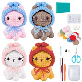 ACRNIGHEET Crochet Kit for Beginners 4PCS Cat Animal Crochet Kit with Step-by-Step Tutorials and Accessories, Crochet Starter Kit Learn to Crochet Kits for Adults Beginners Handicraft Enthusiasts
