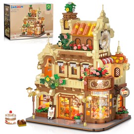 INSOON City Bakery Cafe House Building Set with Light, 1289 PCS Baking Shop Building Block Toy with Coffee Cake Bread Bakery Room, Pastry Construction Model for Adults Teens Kids Boys Girls Ages 8-12+