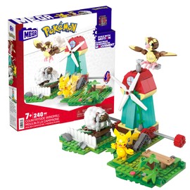 MEGA MEGA Pokémon Figuren Bauset Windmühlen Farm, 240 Teile, mit Pikachu-, Taubsi- und Wolly-Actionfiguren und Bewegungsstein, Pokémon Spielzeug, Spielzeug ab 7 Jahren, HKT21