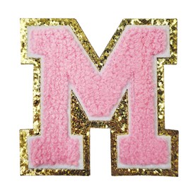 Zogify Iron on Letter Patches Gold Glitters & Pink Chenill,3 PCS Varsity Initial Patches,Adhesive Sticker Letter Patch for Team Costume Decoration 3.1in Height M