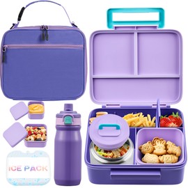 Bento Lunch Box for Kids with Thermos, Leakproof Bento Box with 8oz Insulated Food Jar, Insulated Bottle, Lunch Bag, BPA Free Dishwasher Safe 4 Compartment Container for School Girls Boys (Purple)
