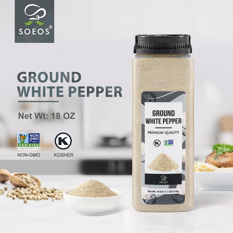 Soeos Ground White Pepper, 18oz (510g), Non-GMO, Kosher Certified, Fresh,