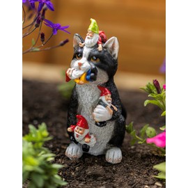 Garden Mile Resin Gnome Eating Cat Ornament Colourful Outdoor Indoor Decoration for Home Patio Decking Pond Flower Bed Standing Novelty Weatherproof Kitten Cat Statue Garden Gnome Figure