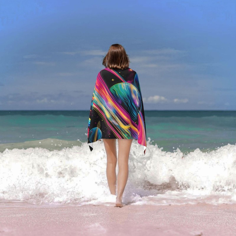 VANZEV Cosmic Planets Beach Towel 31inx51in, Galaxy Sand-Free Microfiber Bath