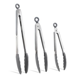 COOK WITH COLOR Stainless Steel Silicone Tipped Kitchen & BBQ Tongs Set, 3 Pc. Tongs, Black