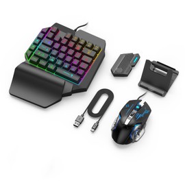 One Handed Gaming Keyboard and Mouse Combo, RGB Rainbow Backlit 35 Keys Half Hand Gaming Keyboard and Mouse Set with Wrist Rest Support and Converter for