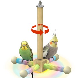 Pawfly Natural Wood Spinning Bird Standing Perch, 360 Degree Rotatable Chew Play Toy, Interactive Cage Accessory for Parakeets Cockatiels