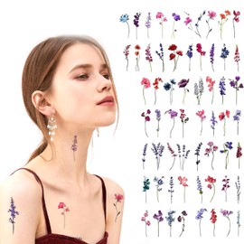 Yadiana 15 Sheets of Watercolor Purple Violet Lavender Flower Temporary Tattoos – Waterproof and Long-Lasting Body Stickers for Women, Teens, and Youngsters.