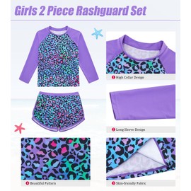 ACOCOPY Long Sleeve Swimsuits for Girls Quick Dry Two Piece Leopard Print Bathing Suits Purple Rash Guard Swimwear Sets Size 8-9