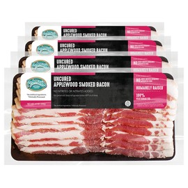 Pederson's Farms, Uncured Applewood Smoked Pork Bacon (4 Pack, Use/Freeze) 12oz - No Added Antibiotics, Hormones - No Nitrite, Nitrate - Vegetarian Fed - Made in the US