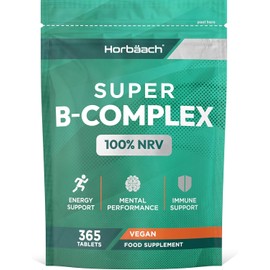 Horbaach Vitamin B Complex High Strength – 365 Vegan Tablets (1-Year Supply) – Includes All 9 B Vitamins: B1, B2, B3, B5, B6, B12, Biotin, Choline & Folic Acid