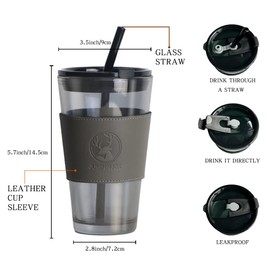 JUMPINJOK 15oz Glass Coffee Tumbler with Straw and Lid Sealed Carry on, Glass Iced Coffee Cup, Leak-Proof Glass Tumbler Cup, Reusable Smoothie Mugs for Cold & Hot Drinks, Coffee, Tea, Shake (Grey)