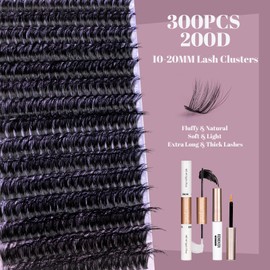 Ocean Pearl Lash Clusters 300 PCS 10-20mm DIY Lash Clusters Kit 200D Individual Lashes Clusters Natural Lashes Fluffy Eyelashes Lash Extension Kit with Bond and Seal Lash Remover-200D