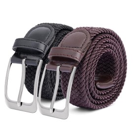 Tolstil 2 Pack Men's Elasticated Woven Belts – Stretch Braided Trouser Belts with Buckle, 105cm (Black+Brown, fit for waist size under 36")