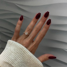 Burgundy Press on Nails Medium Coffin Fake Nails Press ons, KXAMELIE Full Cover False Nails Tips Medium Length Glue on Nails Natural Thick Long Acrylic Nails 24Pcs Solid Color Coffin Nails for Women