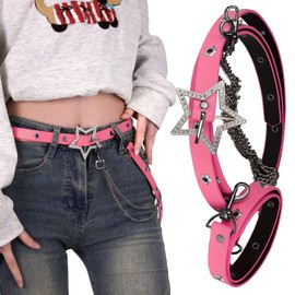 EpicCos Y2K Aesthetic Colorful Faux Leather Belt, Adjustable Star Decor Dopamine Waist Belt Street Style for Female (Pink A)