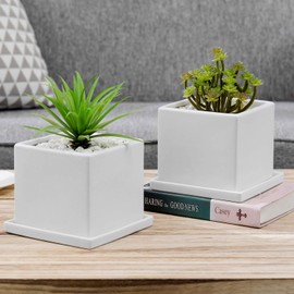 MyGift Matte White Square Ceramic Planters with Matching Removable Saucers, Set of 2